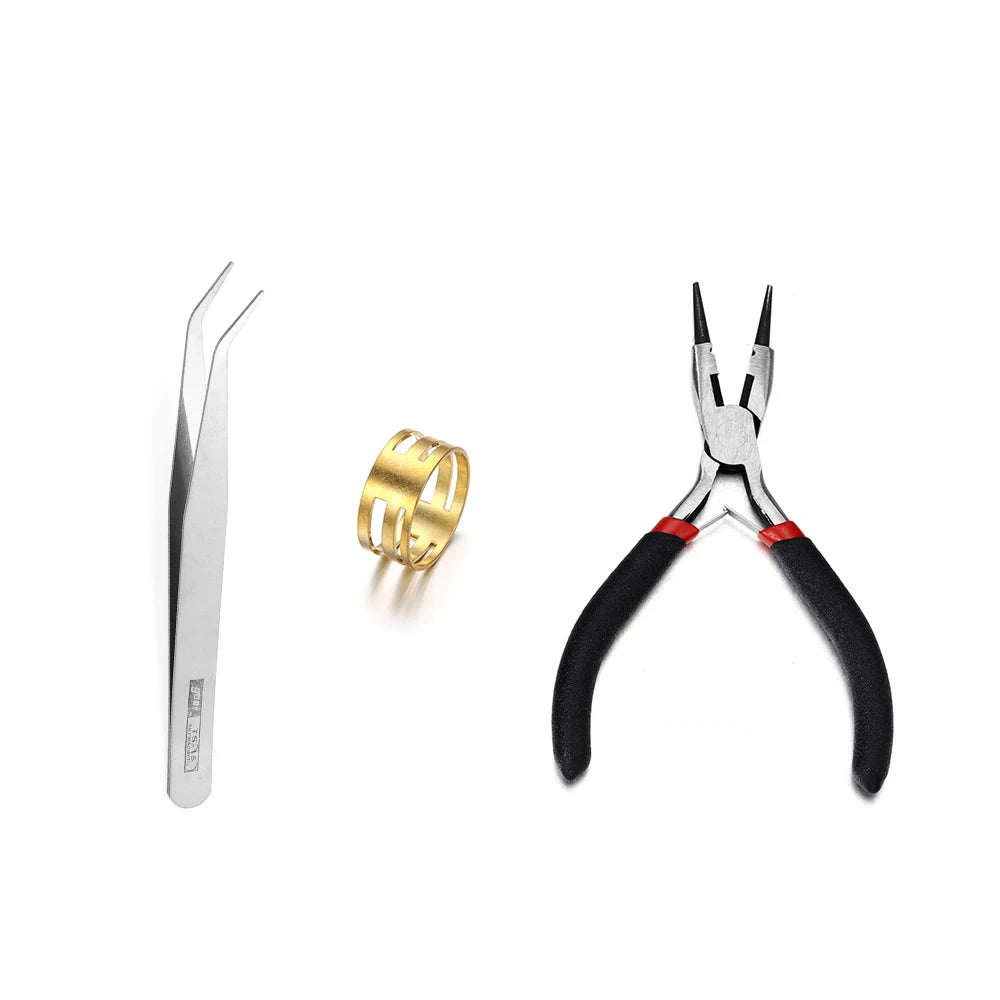 A set of jewelry findings including a silver pin, gold jump rings, and pliers with black handles.