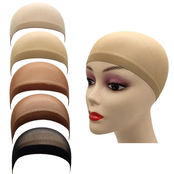 A set of stretch mesh wig net caps in various shades of beige and brown displayed on a mannequin head.