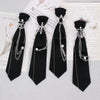 Black gothic crystal rhinestone bow tie neckties displayed on a white background with floral and script elements.