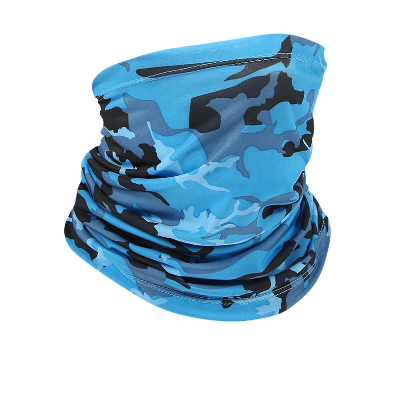A blue and black camouflage patterned multi-use sun protection head scarf.