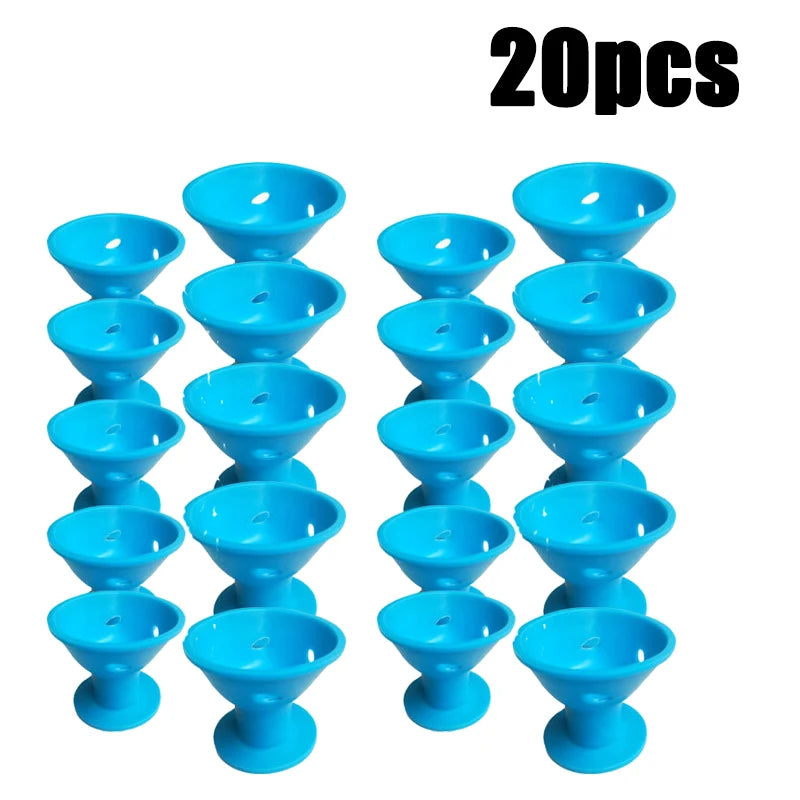 A set of 20 blue heatless magic hair curlers with round tips.