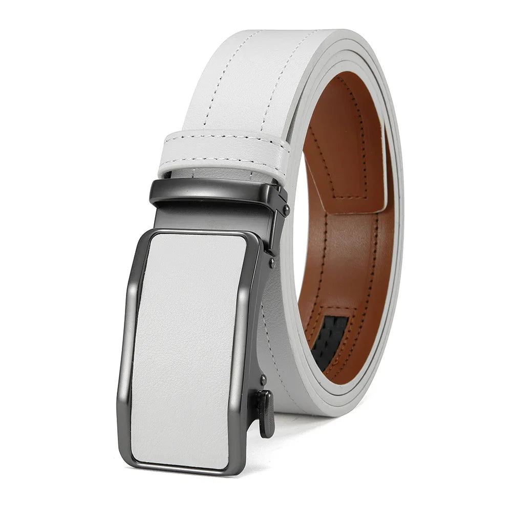 A white leather belt with a silver automatic buckle shown from the side.
