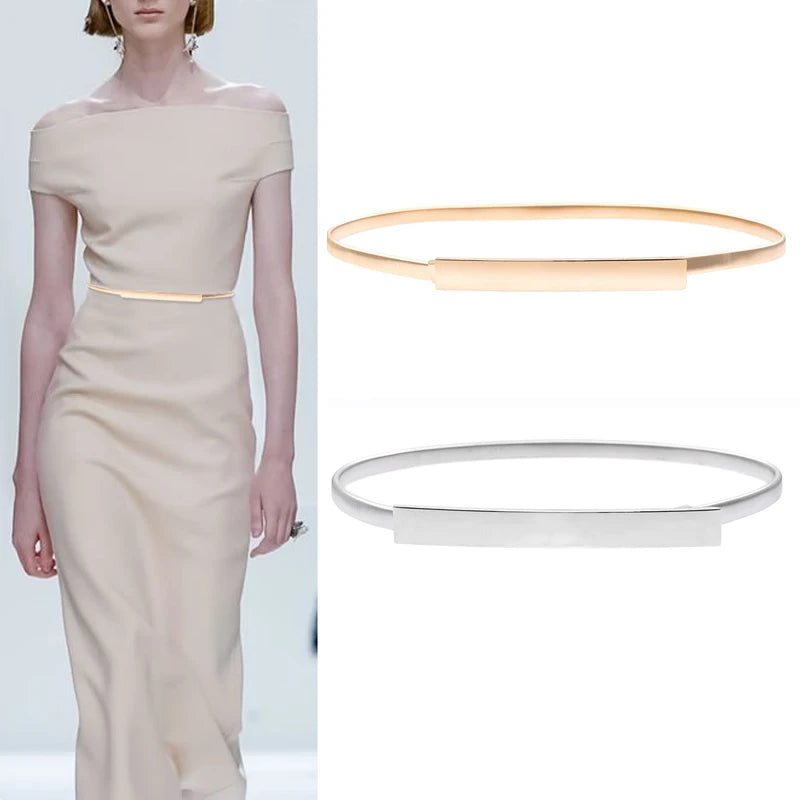 A woman models a beige dress and two versions of a stretchable gold chain waist belt for women.