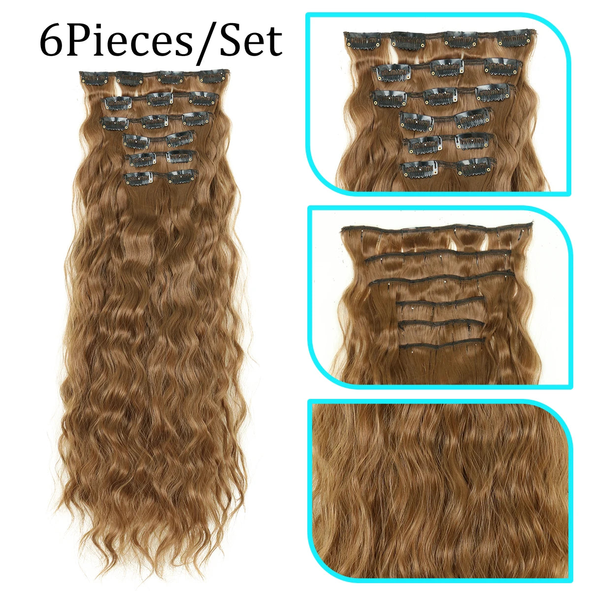 A set of six pieces of 22-inch brown curly wave synthetic hair extensions with clips.