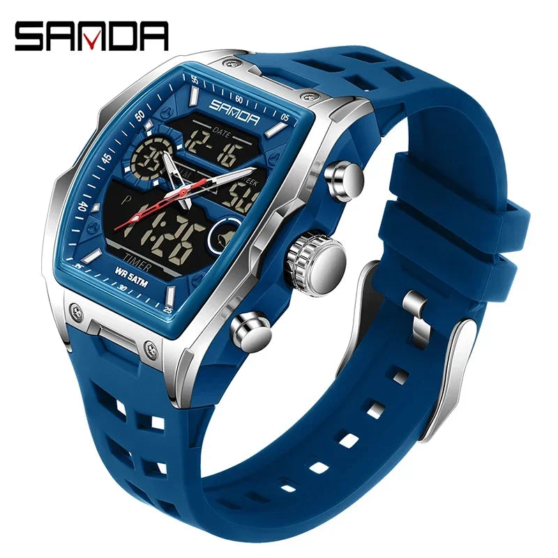 Blosse Herren-Chronographen-Armbanduhr mit silberfarbenem Metallarmband und Lederriemen.
