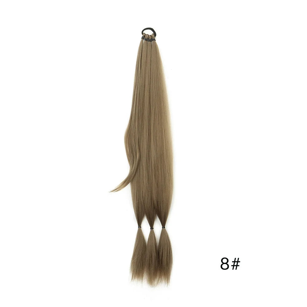 A bundle of long, straight, light brown synthetic braided hair extension with a metal clip.