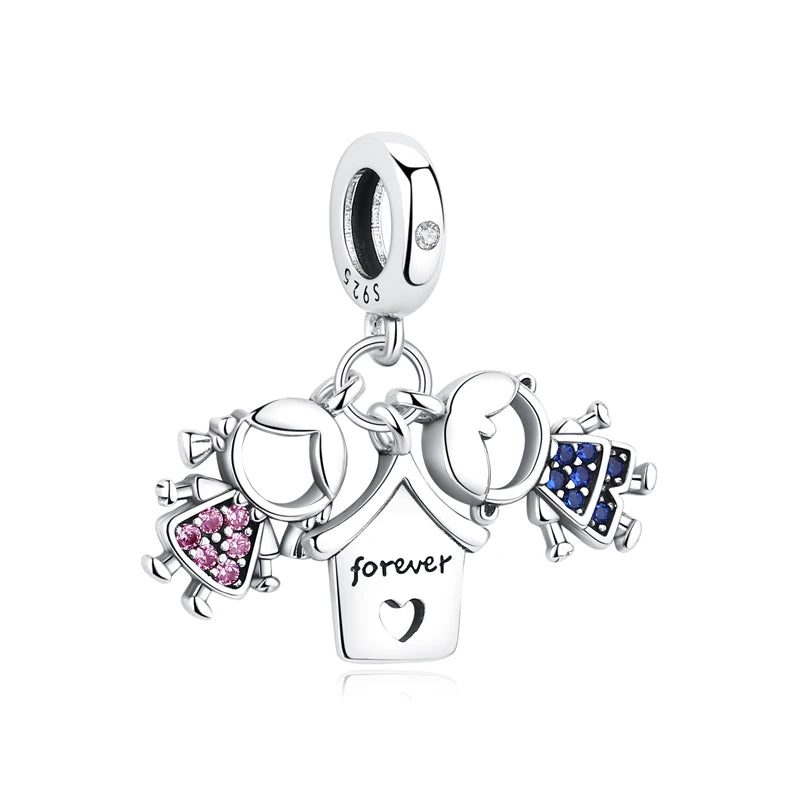 A silver family tree charm necklace featuring a house shape and various animal and heart charms.