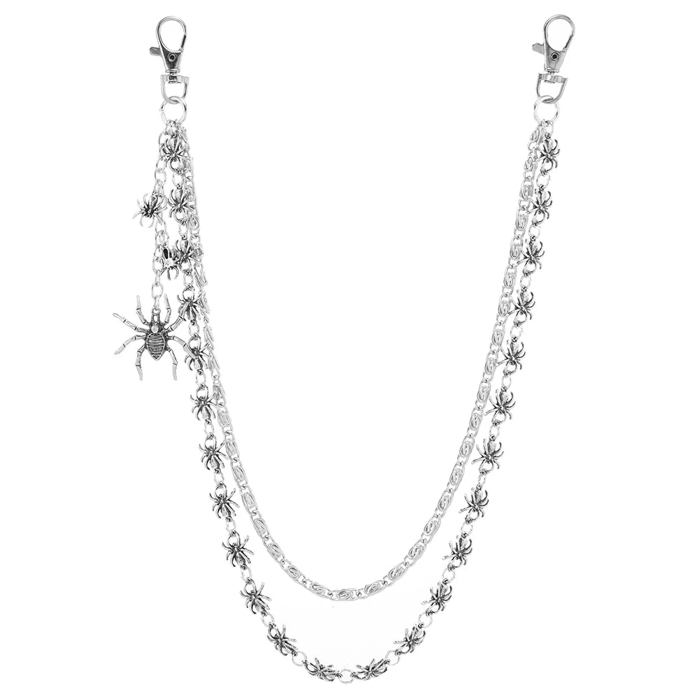 Silver double-layer waist chain accessory featuring a spider motif.