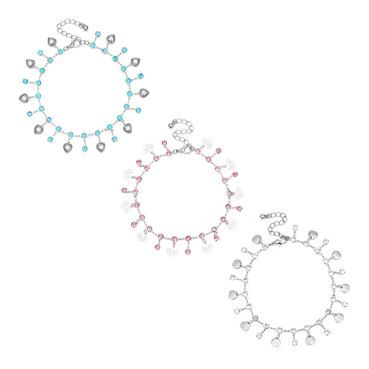 Stainless steel anklet featuring blue rhinestone pendants.