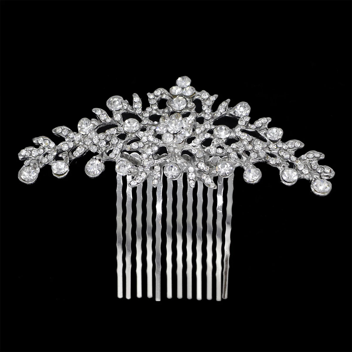 A silver rhinestone bridal hair comb tiara with dangling strands