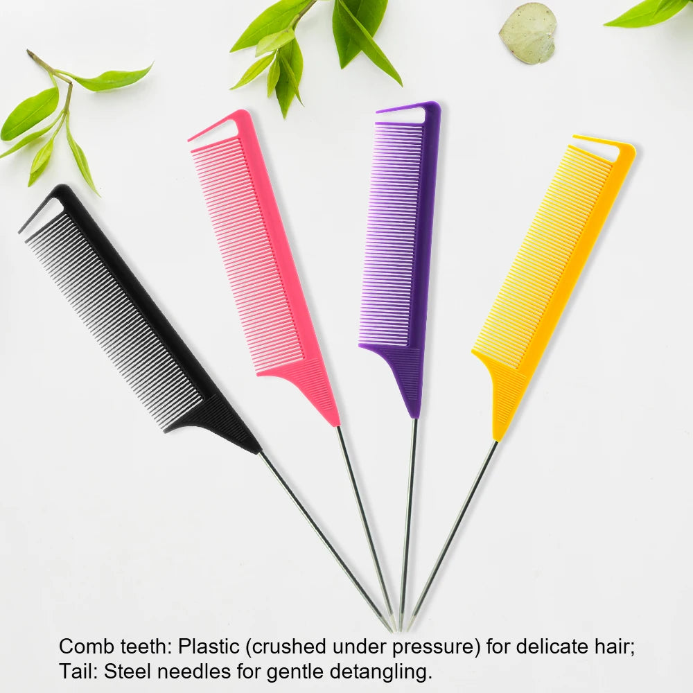 A set of three pointed tail hair combs and styling brushes in pink, purple, and yellow against a white background.