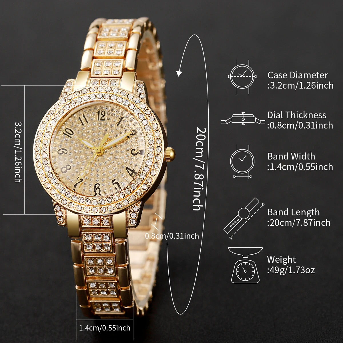 A gold steel quartz watch with a diamond-encrusted bezel and bracelet, shown with detailed specifications.