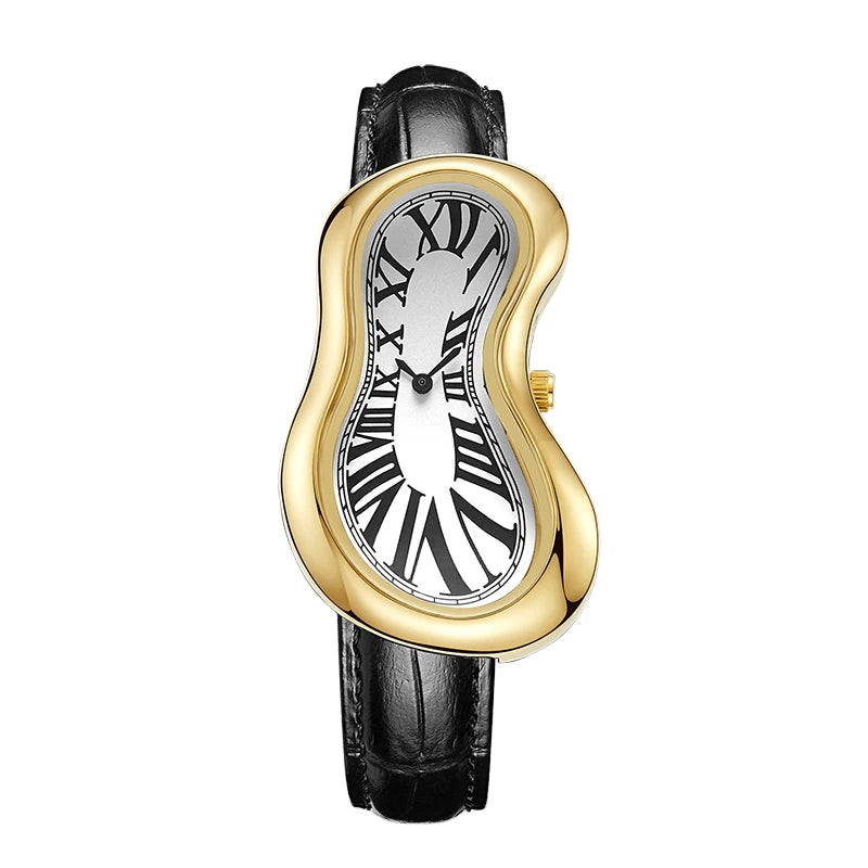 A vintage irregular quartz watch with a gold-toned bezel and a black leather strap.