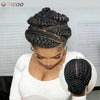A woman is shown wearing a black braided wig with cornrows on her head.
