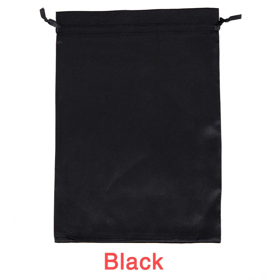 Black satin wig storage bag with a drawstring closure.