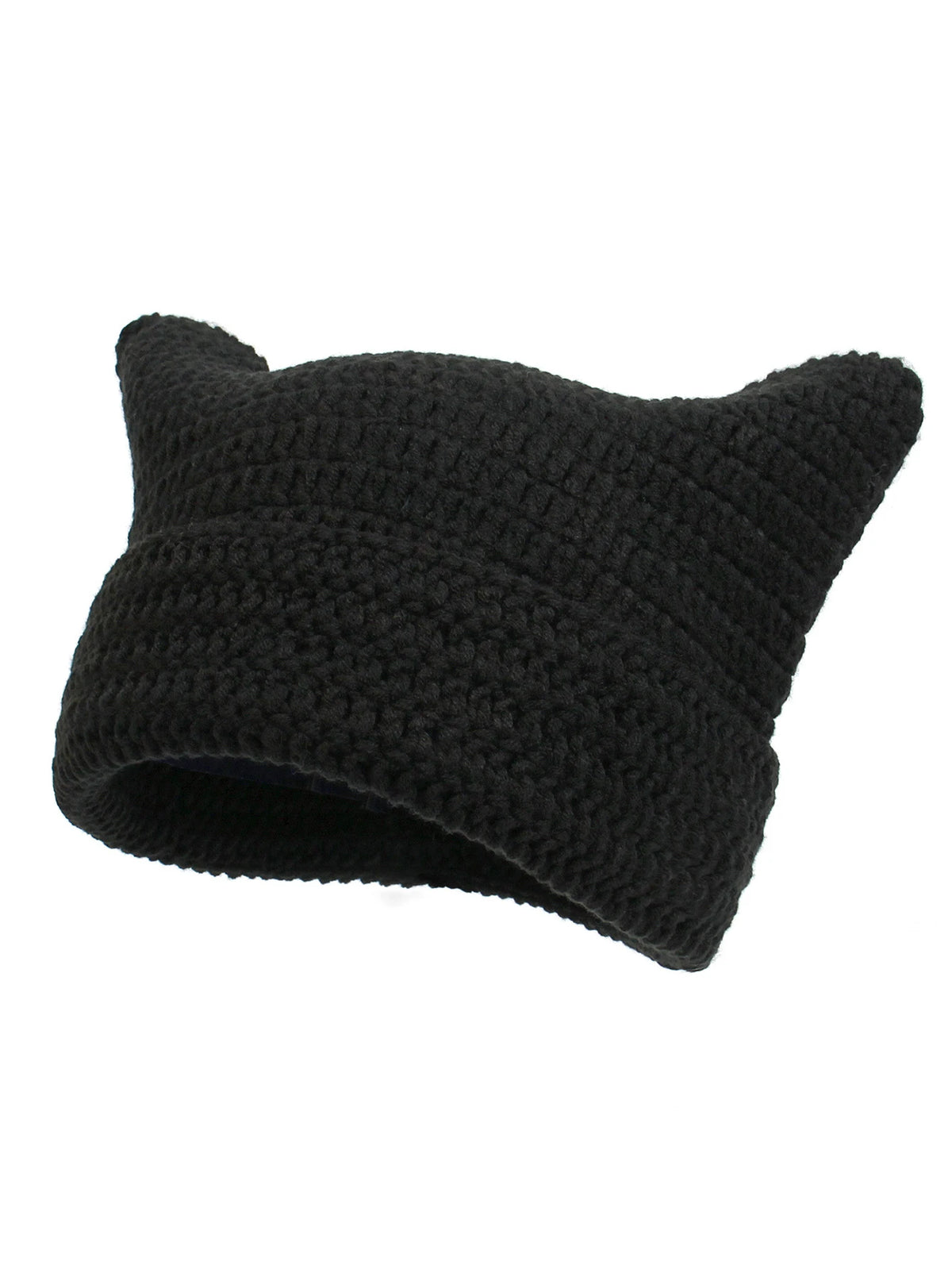 Black crocheted beanie hat with cat ear style ears