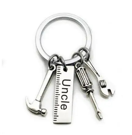 Silver multi-tool keychain set featuring an axe and a knife.