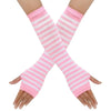 Pair of pink and white striped knitted fingerless gloves worn on a hand.
