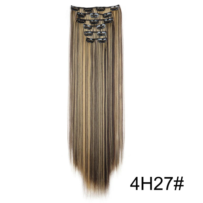Long straight brown hair extensions with decorative clip detailing