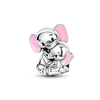 A sterling silver charm bracelet featuring a pair of cute elephant charms with pink ears.