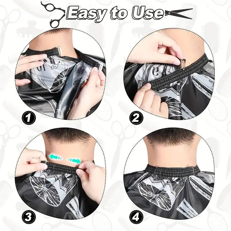 Step-by-step instructions showing how to put on and take off a professional hair cutting and styling apron.