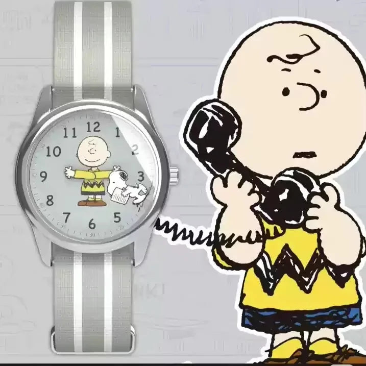 Cartoon-Zeichnung einer Figur, die ein schwarzes Objekt und eine silberne Uhr hält.