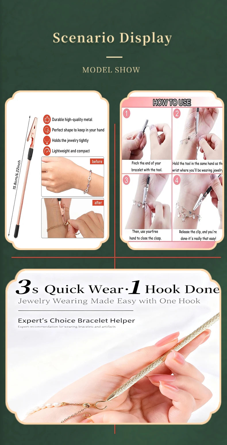 Präzises Armbandverschlusstool mit Vorher-Nachher-Bildern zur Verwendung bei Schmuck.