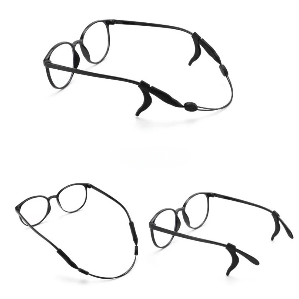 A pair of black universal adjustable eyewear retainer straps shown against a white background.