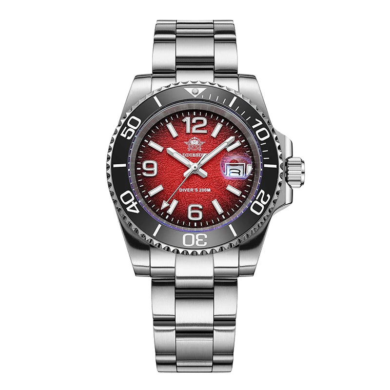 A silver diving quartz wristwatch with a black bezel and a red dial displaying time.
