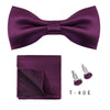 A purple silk bow tie and cufflinks set displayed against a white background.