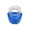 A clear, double-layer dental brace is shown resting on a blue plastic base.