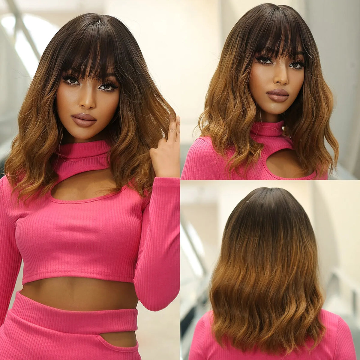 A model showcases a bright pink short wavy bob wig for women with layered hair and a matching top.