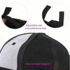Primer plano de una gorra de béisbol negra mostrando construcción ajustable de tela y diagrama de detalle interno.