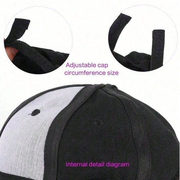 Primer plano de una gorra de béisbol negra mostrando construcción ajustable de tela y diagrama de detalle interno.