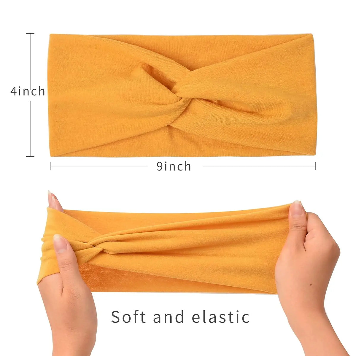 A yellow fabric headband is shown folded and being worn by a hand, highlighting its soft and elastic texture.