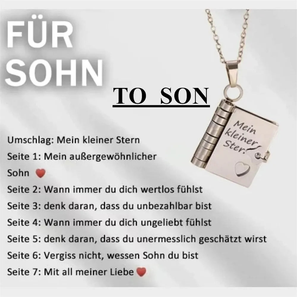 Silberes Anhänger-Halskette mit eingravierter Nachricht für einen Sohn auf weißem Hintergrund.