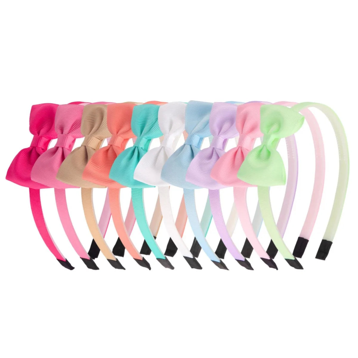 A collection of colorful grosgrain ribbon hair bows in various shades including pink, orange, blue, and green.