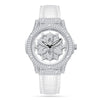 Montre femme en quartz blanc de luxe avec une lunette incrustée de diamants et un bracelet en cuir.