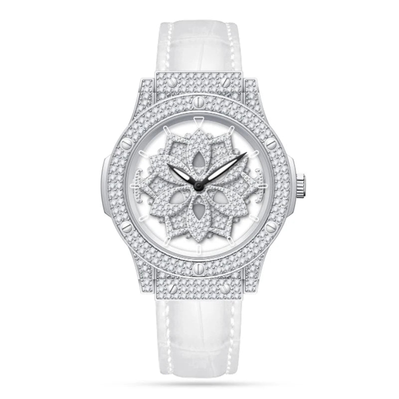 Montre femme en quartz blanc de luxe avec une lunette incrustée de diamants et un bracelet en cuir.