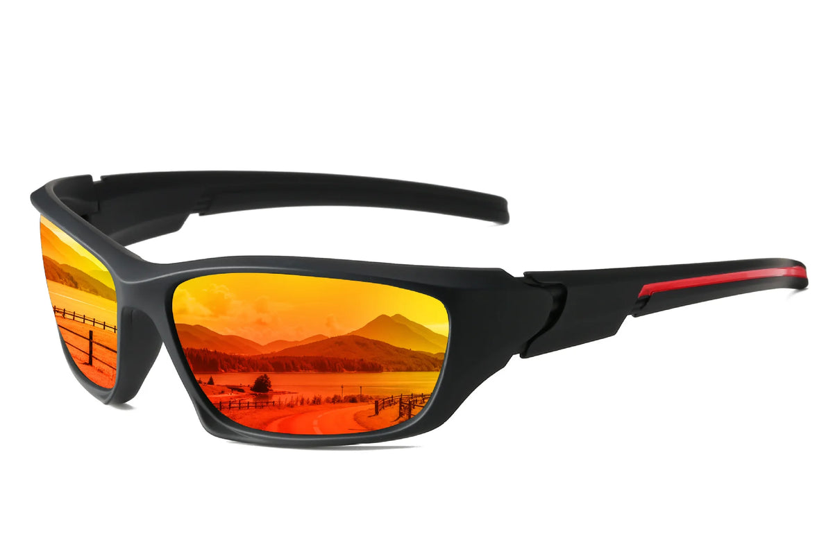 Black sports sunglasses with orange-tinted lenses and a red accent detail