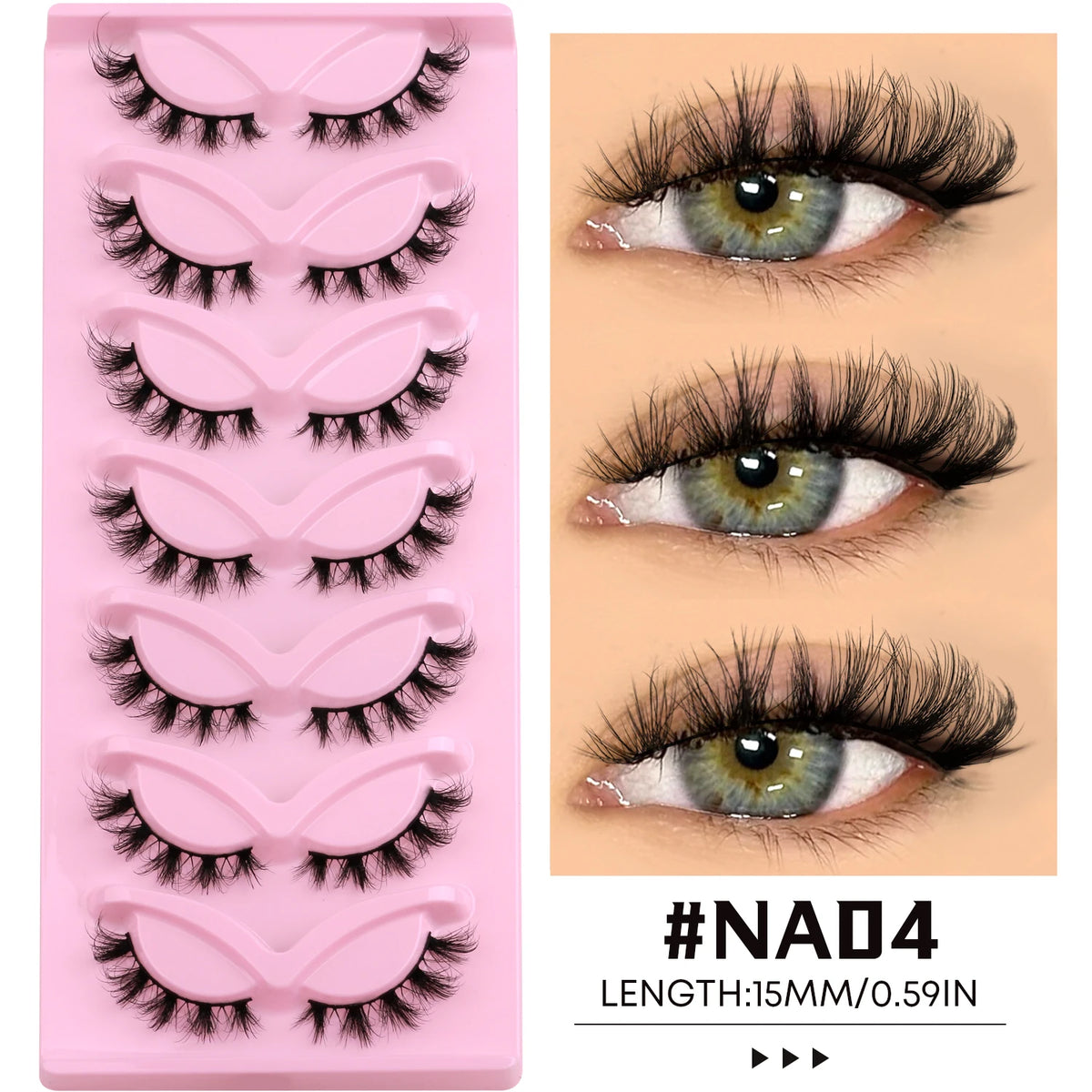 A pink plastic tray holding multiple pairs of long black faux mink cat eye eyelashes for eyes.