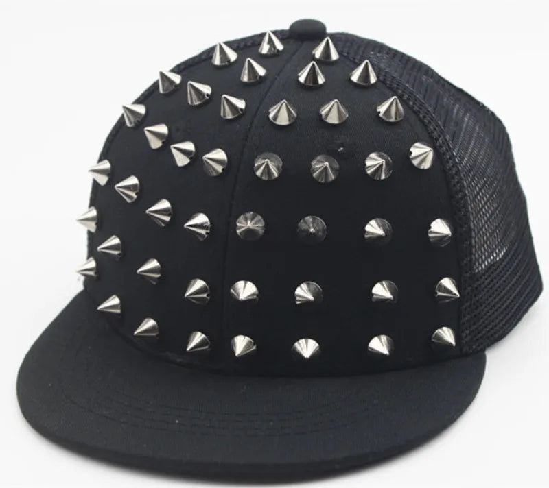 Black flat hat baseball cap adorned with silver rivets