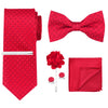 A set of red men's formal tie and accessory including a bow tie and pocket square.