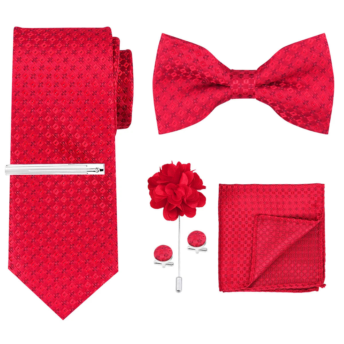 A set of red men's formal tie and accessory including a bow tie and pocket square.