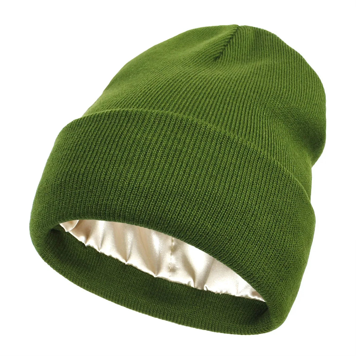 A close-up view of a forest green satin-lined beanie hat.