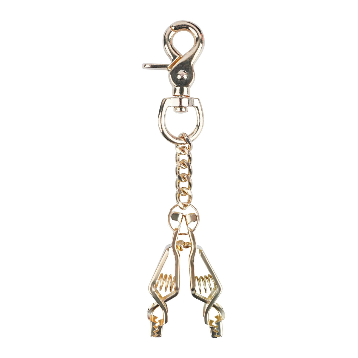 A silver metal glove clip holder with a hook and chain.