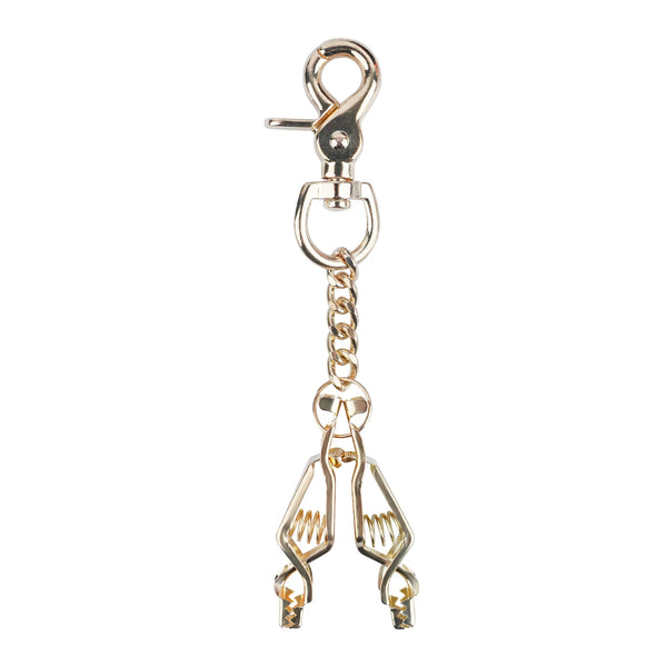 A silver metal glove clip holder with a hook and chain.