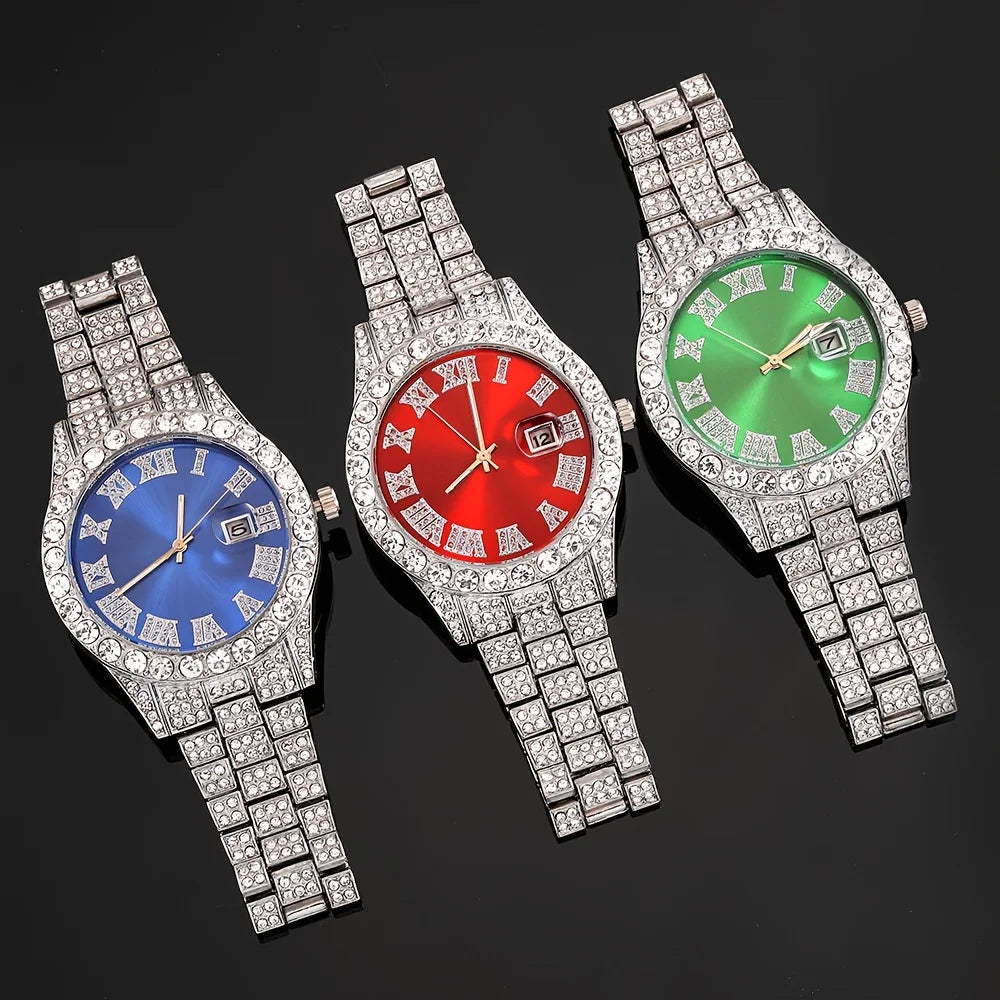 A set of three silver-toned wrist watches with diamond accents and metal bracelets displayed against a black background.