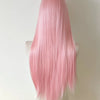 A long, straight, pink wig displayed on a mannequin.