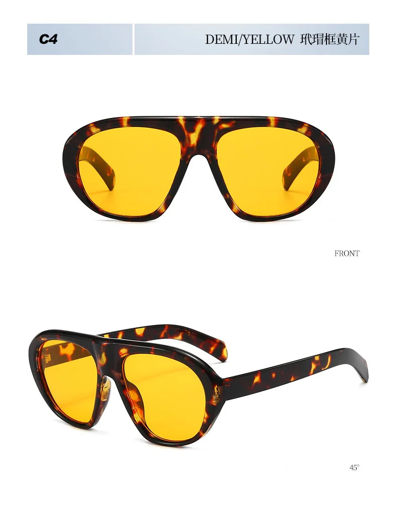 Front view of semi-yellow leopard print sunglasses with tortoiseshell frames